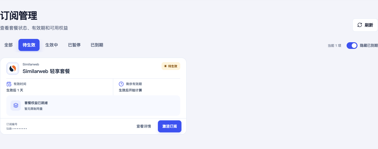 待生效的 Similarweb 赠礼套餐和激活订阅按钮
